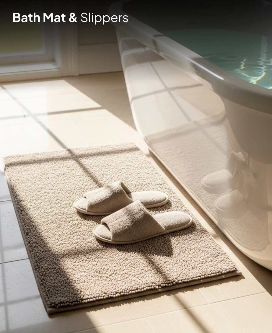 Beige slippers by tub